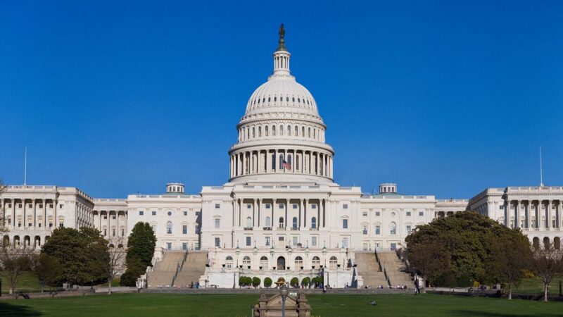 Fachada del Capitolio de Estados Unidos en Washington, con la bandera estadounidense ondeando.