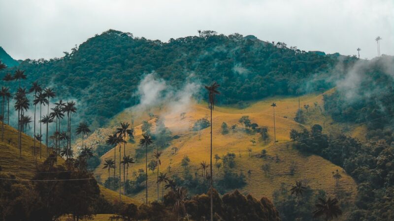 Humo de un incendio forestal que se eleva sobre un paisaje montañoso colombiano