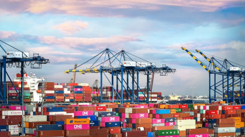 Grúas pórtico para contenedores operando en una terminal portuaria con contenedores apilados