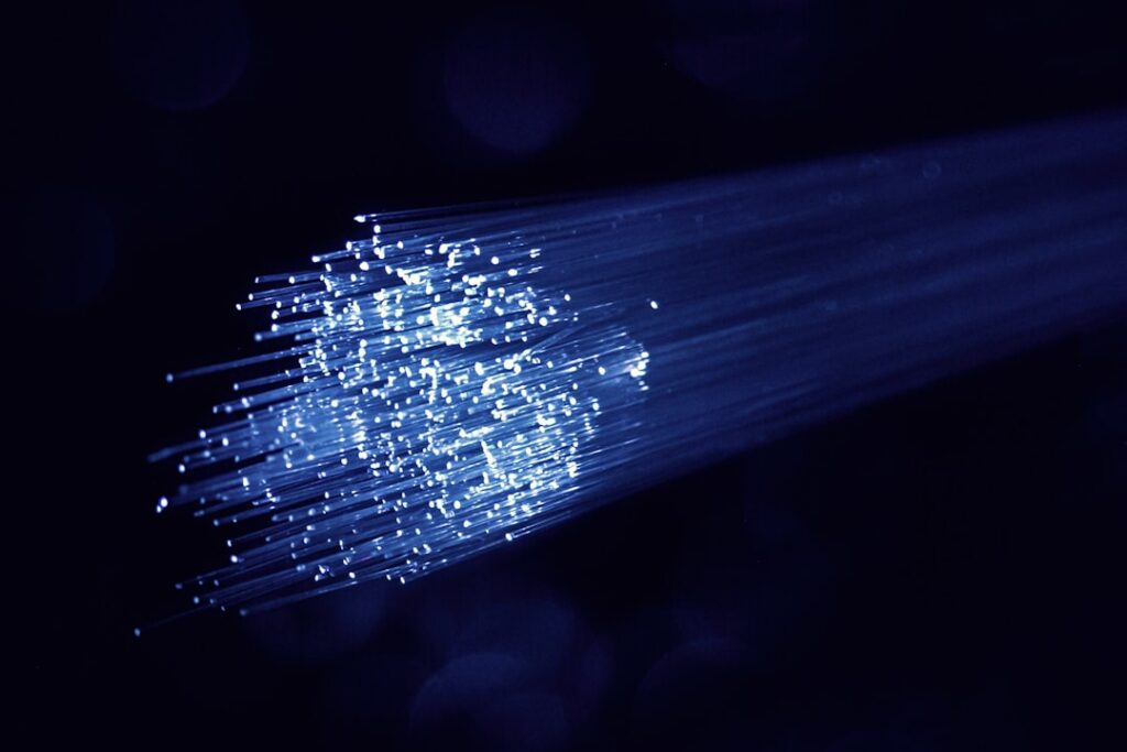 Cables de fibra óptica conectados a equipos de red en un centro de distribución de telecomunicaciones