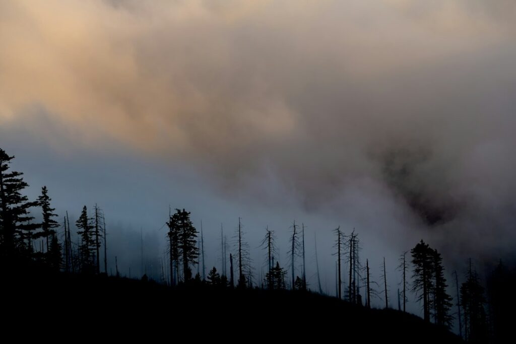 Incendio forestal con humo y llamas en una zona montañosa, similar a los focos que afectan a Pacho y Paime en Cundinamarca