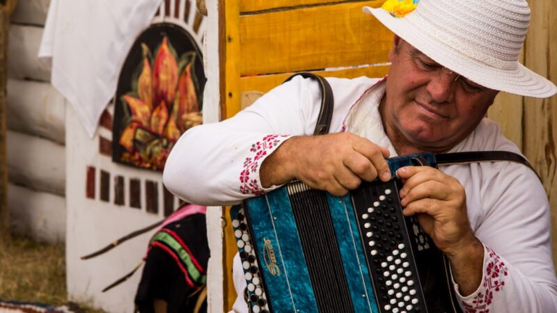 Músico tocando un acordeón en un escenario durante un festival de música vallenata en Colombia