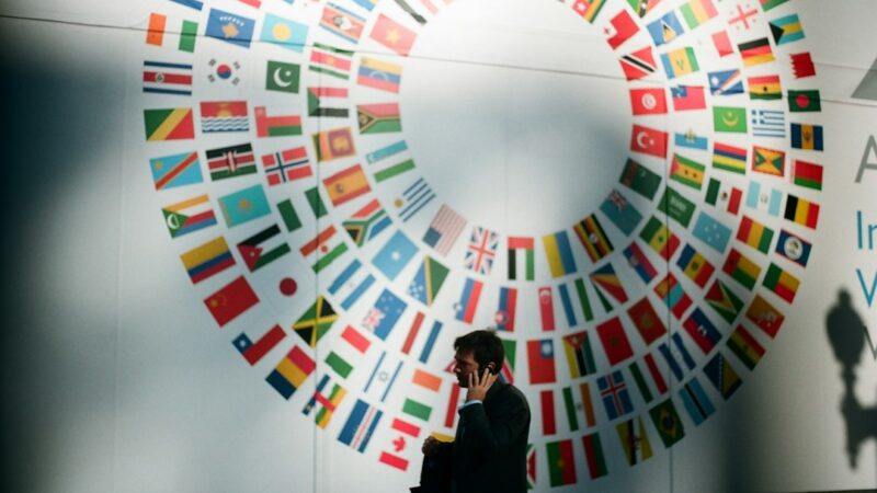 Banderas de varios países frente a un edificio institucional en una reunión diplomática internacional