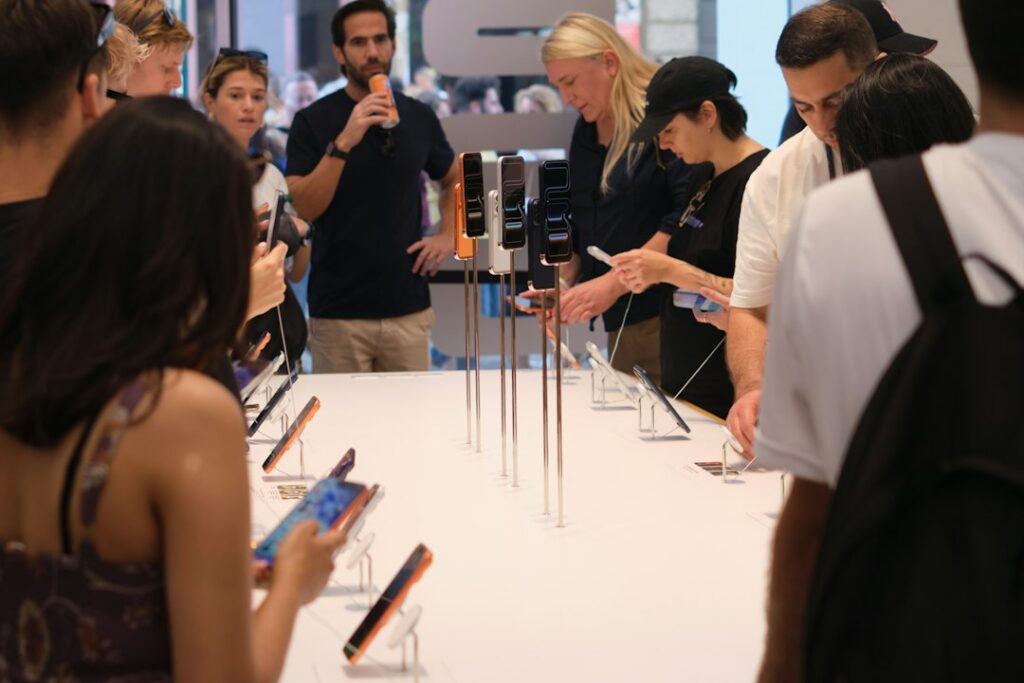 Un teléfono inteligente iPhone exhibido en la vitrina de una tienda de tecnología