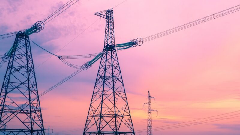 Torres de transmisión eléctrica al atardecer, imagen representativa del sistema eléctrico colombiano