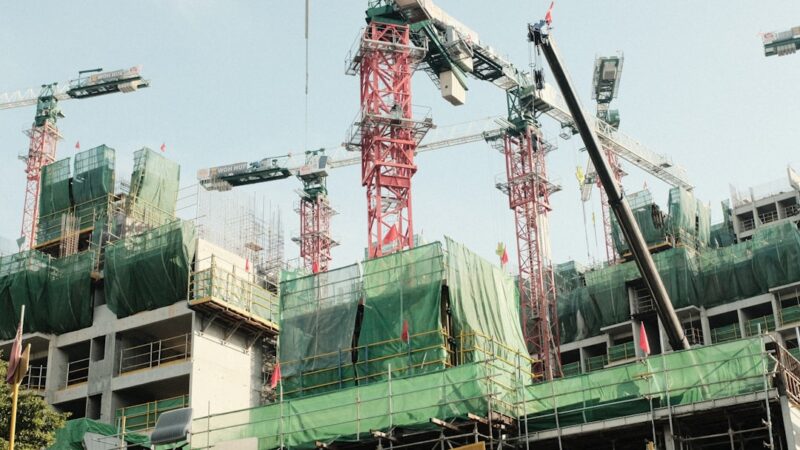 Grúas y trabajadores en una obra de construcción, actividad clave para la reconstrucción de las zonas afectadas por el terremoto.