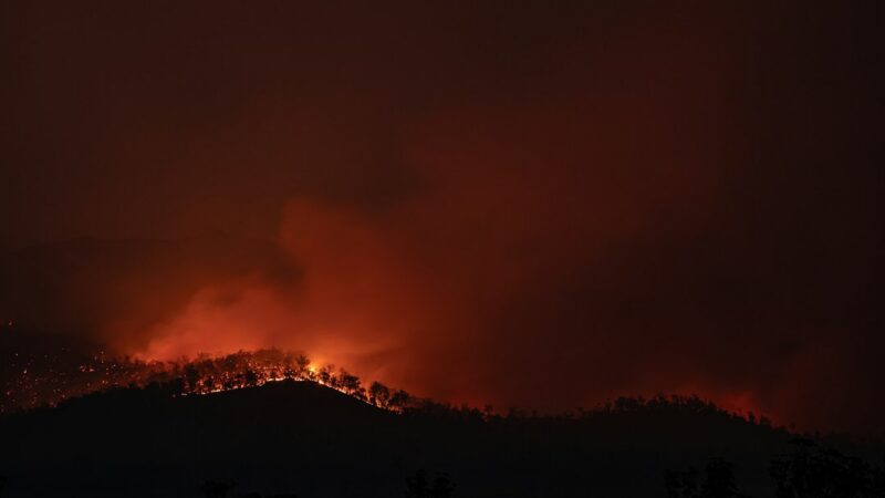 Bomberos trabajan en la extinción de un incendio forestal en una zona montañosa con vegetación y cultivos cercanos