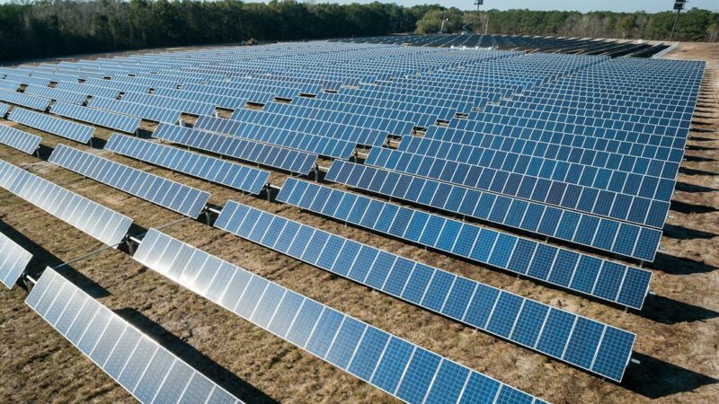 Filas de paneles solares en un parque fotovoltaico instalado en un terreno abierto