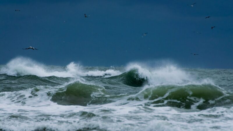 Olas y agua acumulada durante una tormenta en la costa de Massachusetts