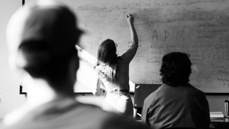 Estudiantes caminan por el campus de una universidad durante la jornada académica