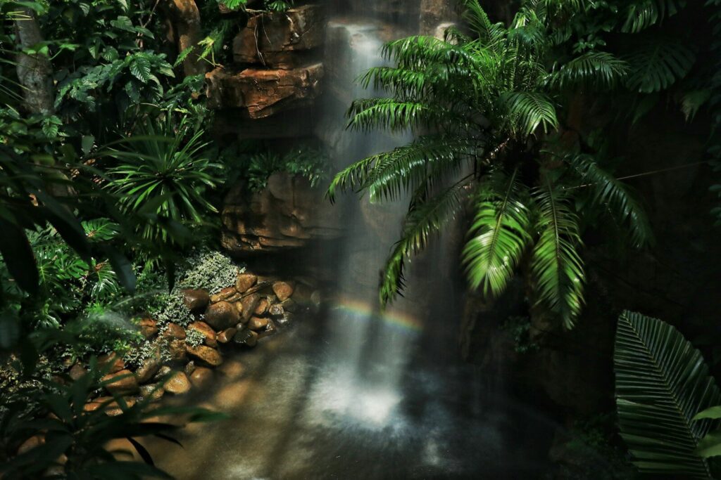 Familia disfrutando una experiencia interactiva de entretenimiento en un escenario tropical inspirado en un personaje de juguete