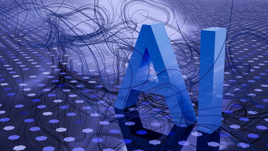 Pantalla con instrucciones y elementos de inteligencia artificial en un entorno de trabajo tecnológico
