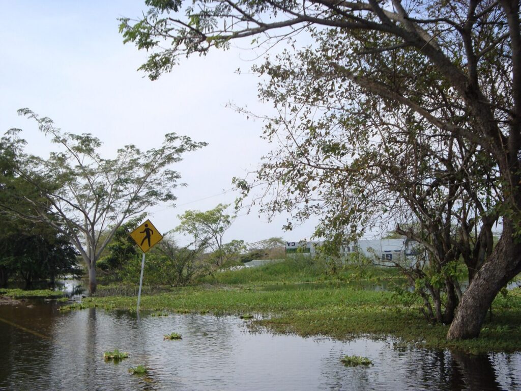 Canal navegable rodeado por vegetación y obras de infraestructura en Colombia