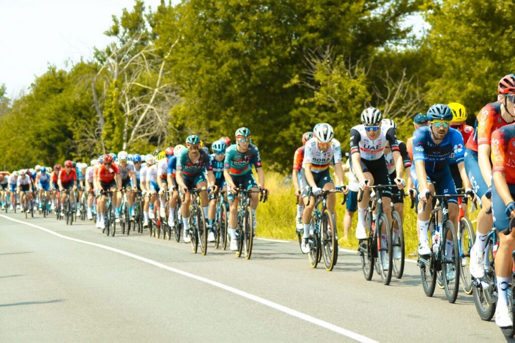Pelotón de ciclistas profesionales escalando una carretera de montaña durante una clásica de un día del calendario internacional.