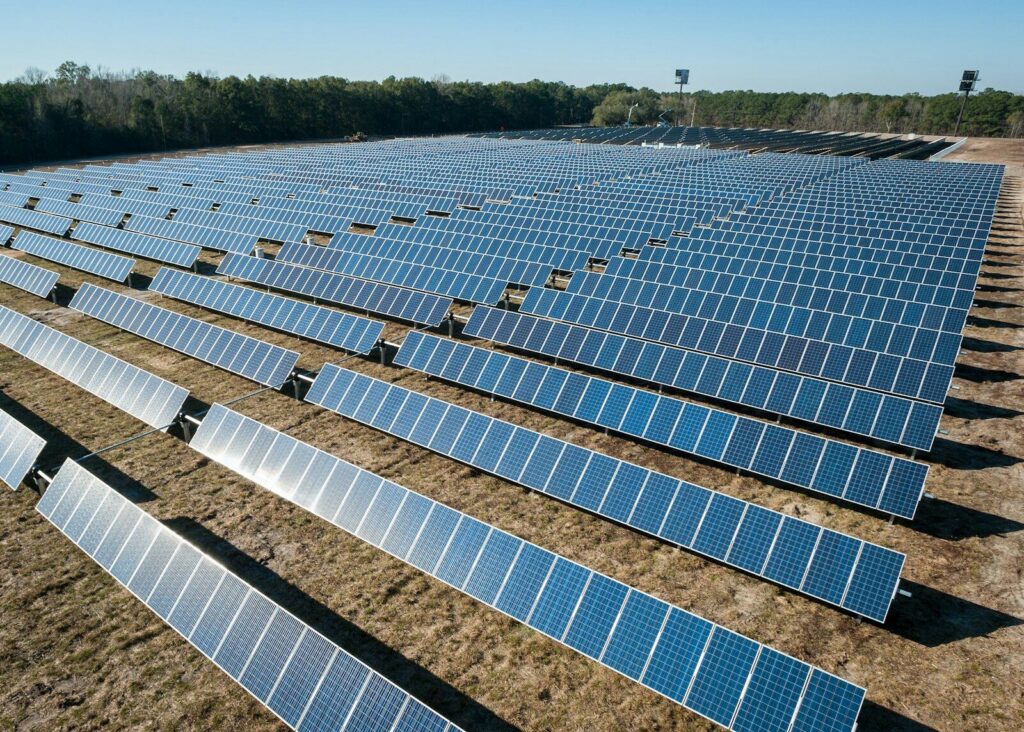 Paneles solares instalados en un parque de generación de energía renovable