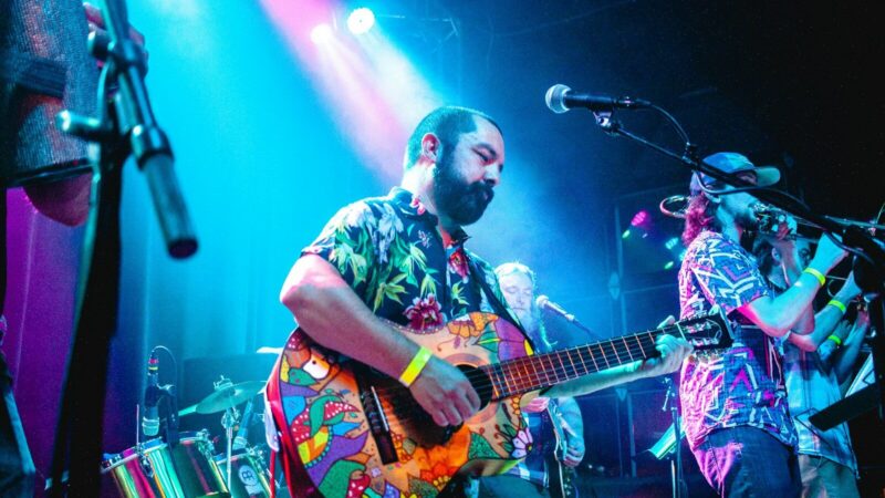 Artista interpretando música en un escenario durante una presentación en vivo