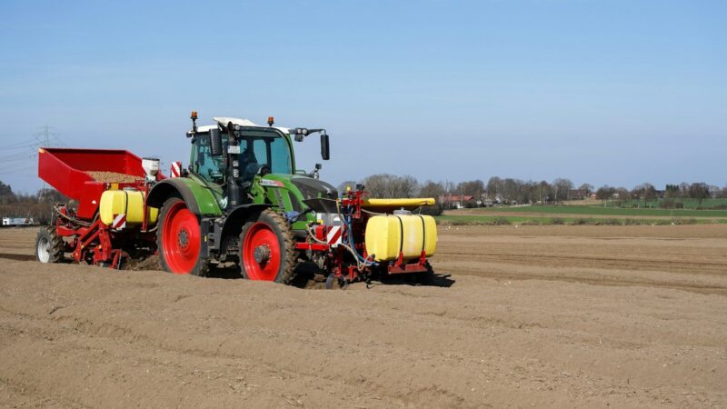 Bultos de fertilizante junto a un campo agrícola en preparación