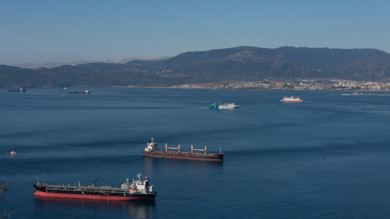 Buque petrolero frente a una terminal marítima durante una operación de transporte de crudo