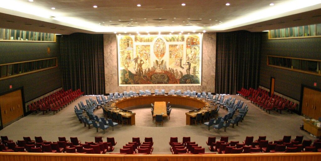 Sala del Consejo de Seguridad de las Naciones Unidas durante una sesión diplomática